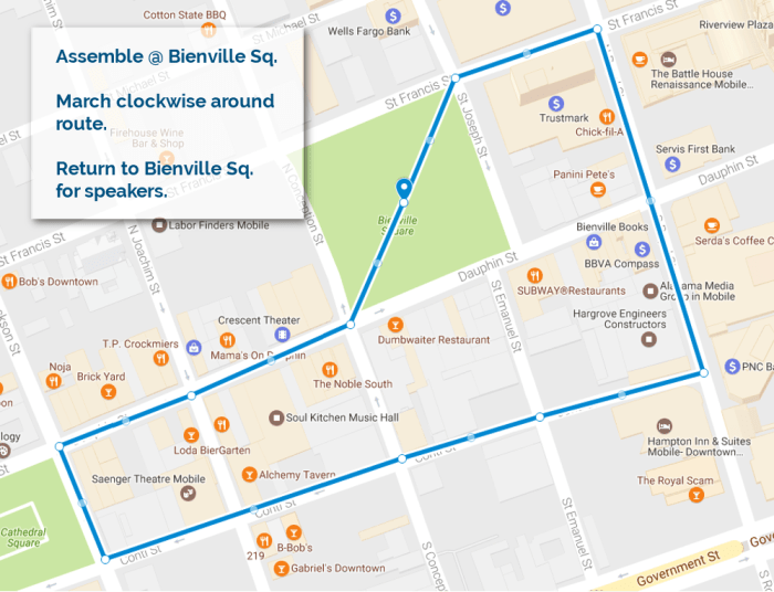 Assemble @ Bienville Sq / March clockwise around route / Return to Bienville Sq for speakaers