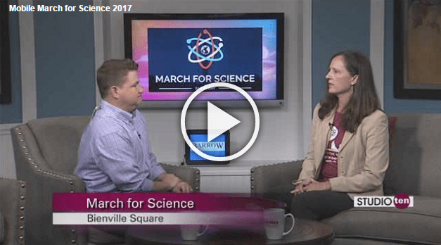 Studio 10 host Joe Emer with March for Science Mobile co-coordinator Angela Jordan on the set of Studio 10.